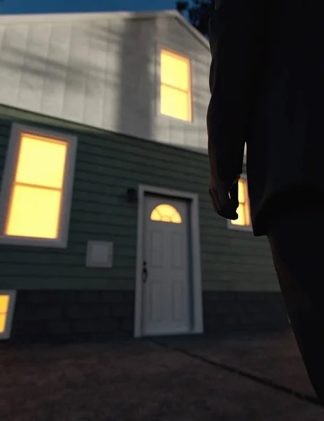 Osamělý Muž Obleku Stojí Soumraku Osvětleného Domu Zadní Pohled Vykreslení — Stock fotografie