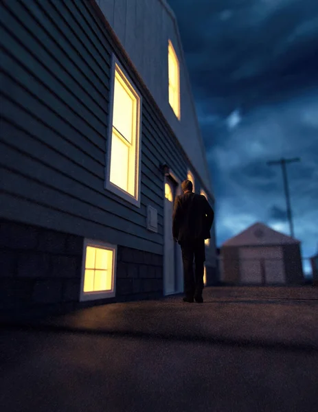 一个穿着西服的人在黄昏时走向一座灯火通明的房子 后视镜3D渲染 — 图库照片