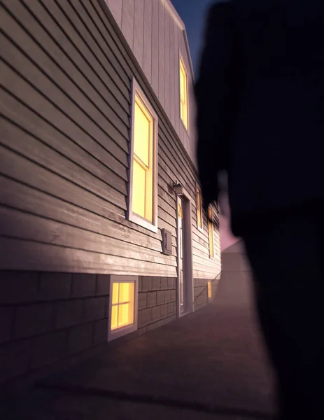 Samotny Mężczyzna Garniturze Przy Oświetlonym Domu Podczas Mglistego Zachodu Słońca — Zdjęcie stockowe