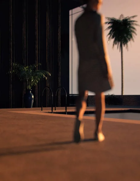 セーターのドレスを着た女性は 日没時に家のテラスのプールに歩いていきます 後ろの景色 3Dレンダリング — ストック写真