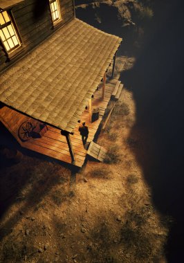 Man stands on a porch of an old wooden cabin with lit windows during sunset. High angle view. 3D render.
