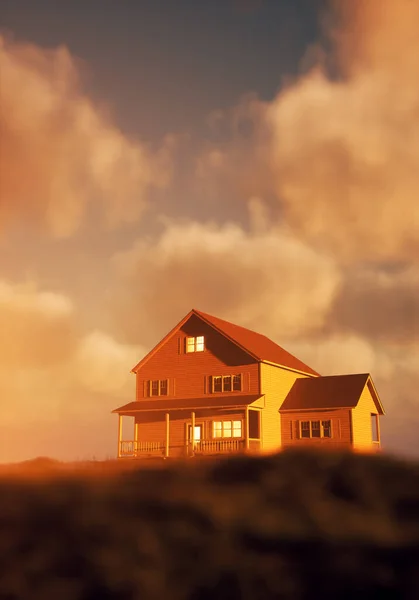 Wooden house with porch and lit windows in sunny countryside under a cloudy sky during sunset. 3D render.