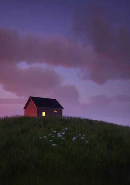 Cottage with lit windows in rolling pasture under a blue cloudy sky during sunrise. 3D render.