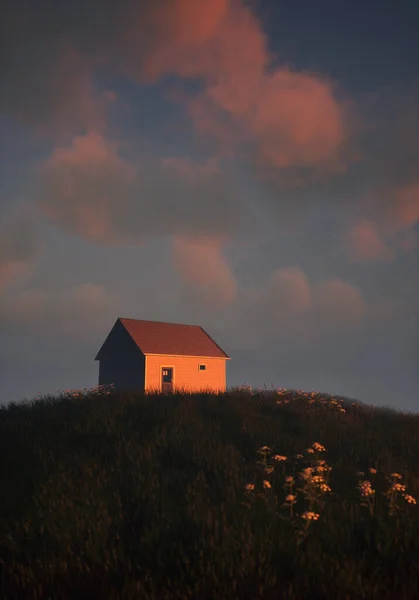 Cottage in rolling pasture under a blue cloudy sky during sunrise. 3D render.