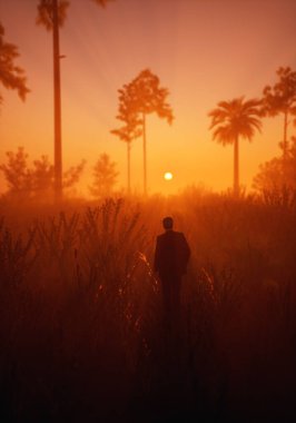 Silhouette of man in hazy tropical wilderness with palm trees during sunset. 3D render.