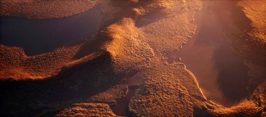Aerial of tundra landscape during sunrise. 3D render.