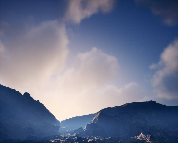 Misty rocky landscape under blue cloudy sky. 3D render.