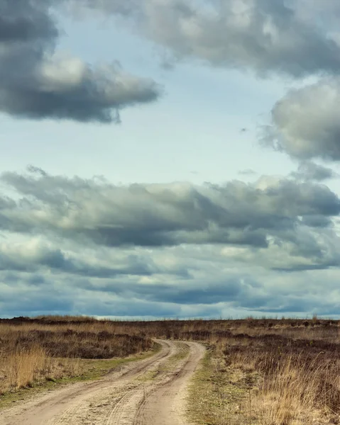 Bulutlu Bir Gökyüzünün Altındaki Fundalık Arazide Kirli Bir Yol — Stok fotoğraf