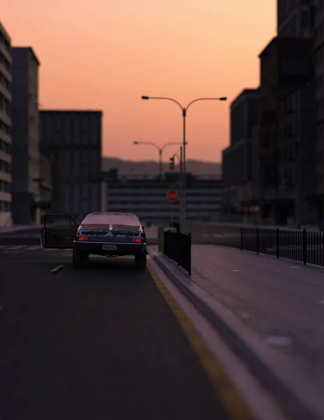 Машина Вінтажу Місті Під Час Заходу Сонця Візуалізація — стокове фото