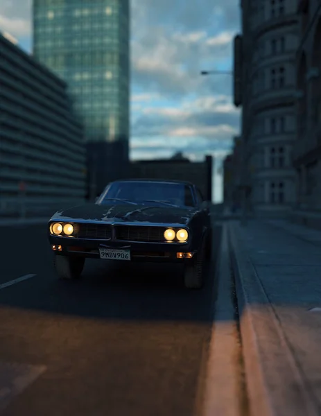 Vintage Muscle Car Illuminated Headlights Trowalk City Sunset Рендеринг — стоковое фото
