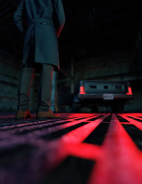 工業ビル内の照明付きテールライト付きの男とピックアップトラック 3Dレンダリング — ストック写真