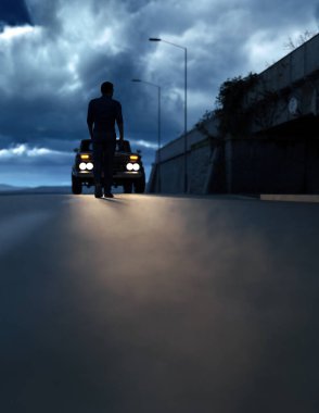 Yoldaki adam, fırtınalı bir gökyüzünün altında ışıklı farlarla arabaya doğru yürüyor. 3 Boyutlu Hazırlama.