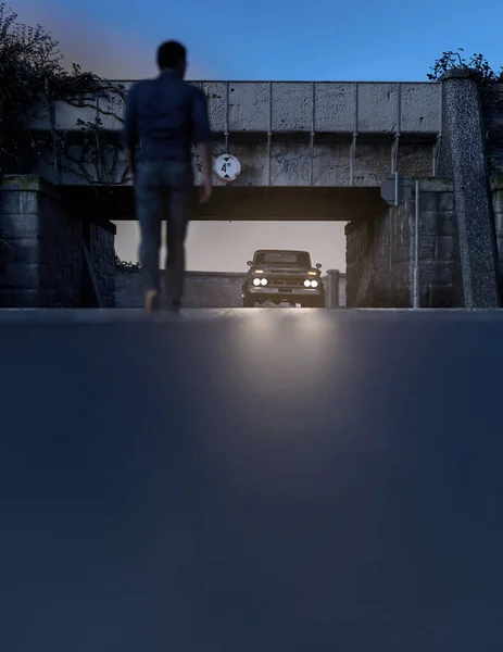 Человек Дороге Идет Машине Подсветкой Фар Рендеринг — стоковое фото
