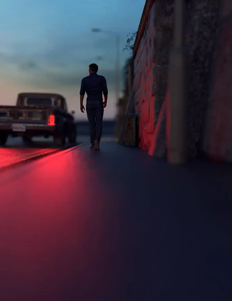 Hombre Camina Acera Junto Una Camioneta Con Luces Traseras Iluminadas — Foto de Stock