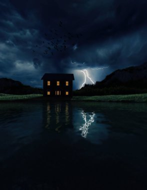House with lit windows at a mountain lake with a lightning strike in a dark cloudy sky. 3D render.