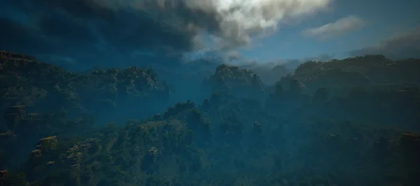 Jungle Met Rotszuilen Mist Met Bewolkte Lucht — Stockfoto