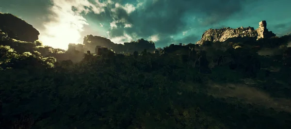 Nebliger Dschungel Mit Felssäulen Bei Bewölktem Himmel — Stockfoto