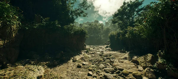 Rocky path in jungle under a cloudy sky.