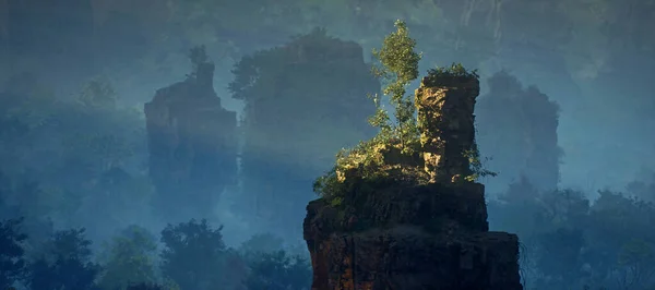Egy Kőoszlopon Ködös Dzsungelben — Stock Fotó