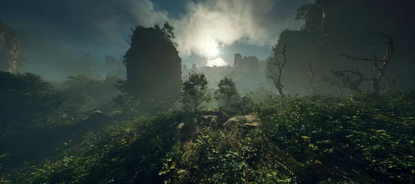 Mlhavá Džungle Mrtvými Stromy Skalními Pilíři Pod Zataženou Oblohou — Stock fotografie