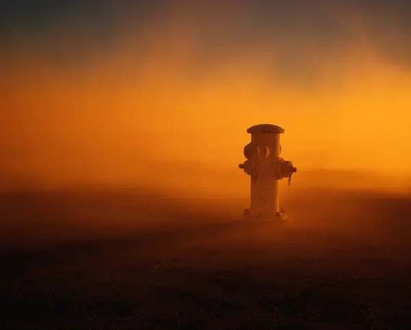 日落时分 雾气弥漫的柏油路上的消防栓供应 — 图库照片