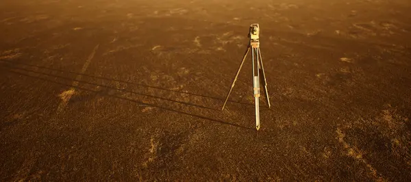 広い開放的な平らな風景に立っている三脚の土地の測量器 — ストック写真