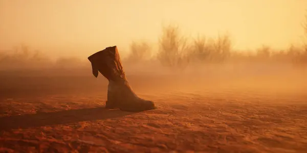 Lost Cowboy Boot Misty Desolate Desert Landscape — Stock Photo, Image