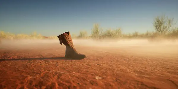 Stivale Cowboy Smarrito Nel Paesaggio Deserto Desolato Nebbioso — Foto Stock