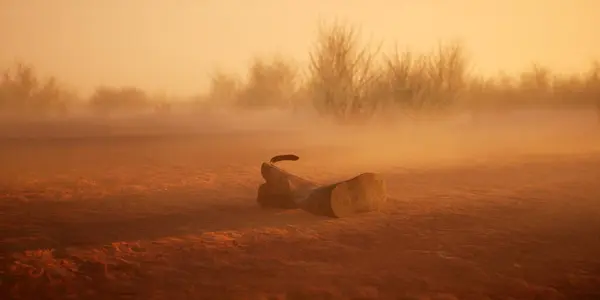Elveszett Cowboy Csizma Ködös Sivatagi Tájon Stock Kép