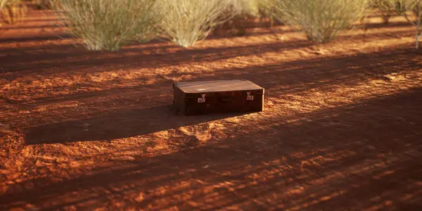 Valigia Pelle Vintage Perduta Terreno Roccioso Nel Soleggiato Deserto Desolato — Foto Stock