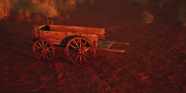 Ősi Fakocsi Elhagyatott Sivatagban Naplementekor Stock Fotó