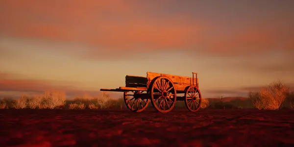 Ősi Fakocsi Elhagyatott Sivatagban Naplementekor Jogdíjmentes Stock Fotók