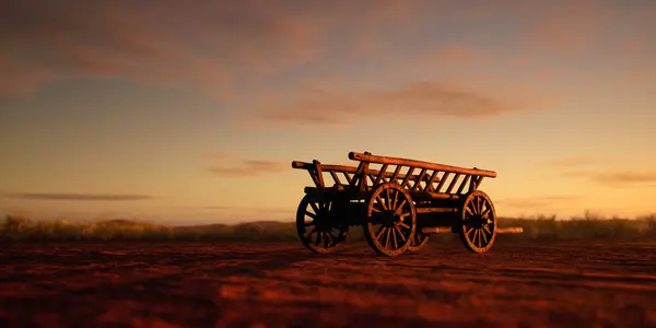 落日时分 古老的木制推车在荒凉的沙漠中 图库照片