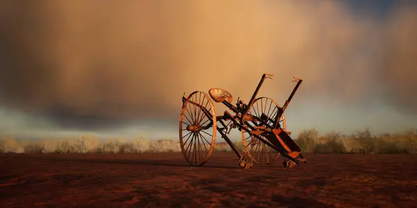 日落时分 古老的栽培者在荒凉的沙漠里 天空阴郁 免版税图库照片