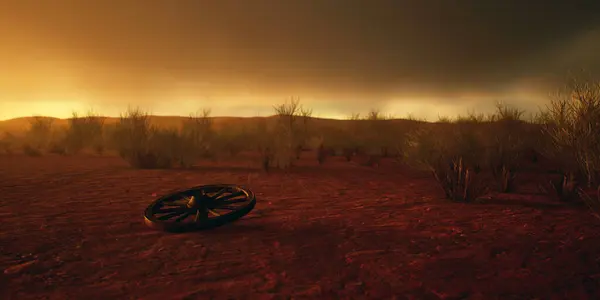 Wooden Wheel Desolate Desert Cloudy Sky — Stock Photo, Image