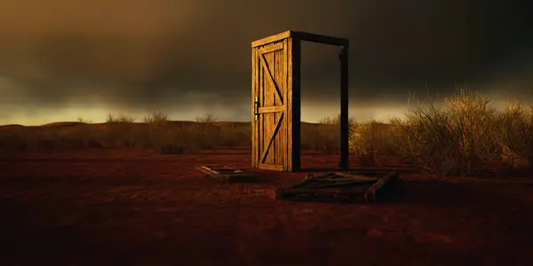 Verfallene Holztür Und Rahmen Trostloser Wüste Mit Wolkenverhangenem Himmel — Stockfoto