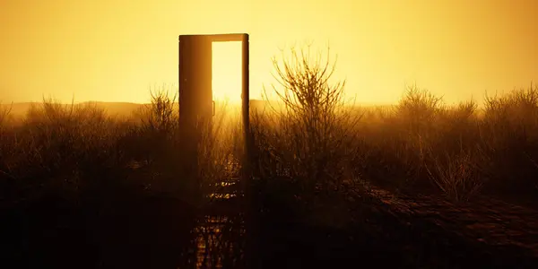 Puerta Marco Madera Dilapidada Desierto Desolado Durante Puesta Del Sol —  Fotos de Stock