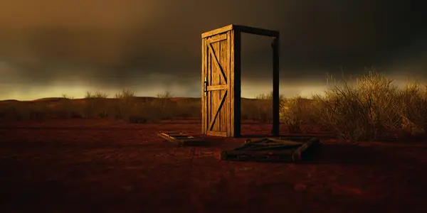 Puerta Marco Madera Dilapidada Desierto Desolado Con Cielo Nublado Imagen De Stock