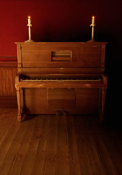 Vintage Ρουστίκ Εσωτερικό Vintage Πιάνο Κεριά Ξύλινο Πάτωμα Κατά Κόκκινο Royalty Free Φωτογραφίες Αρχείου