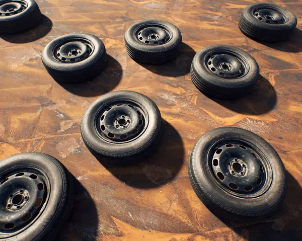 Old Car Wheels Weathered Rusty Painted Metal Sheet Stock Photo