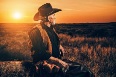 Gün batımında çayırda ağaç gövdesinde oturan kıdemli kovboy..