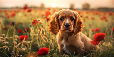 Şirin kahverengi köpek yavrusu İngiliz cocker spanyel gün doğumunda kırmızı gelinciklerle tarlada.