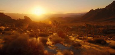 Arid landscape with joshua trees, boulders, mountains and bushes at sunrise. clipart