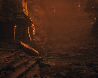 Güneşin doğuşunda sisli uzak ormanlık alandaki antik tapınak kalıntıları. 3 Boyutlu Hazırlama.