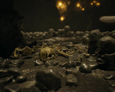 Kafatasları ve kemikleri eski ve gizemli bir mağarada. 3 Boyutlu Hazırlama.