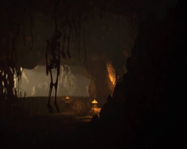 Kafatasları ve kemikleri eski ve gizemli bir mağarada. 3 Boyutlu Hazırlama.