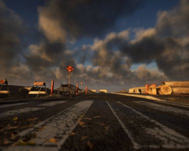 Gün batımında bulutlu bir gökyüzü ile yol kenarındaki inşaat alanında. 3 Boyutlu Hazırlama.