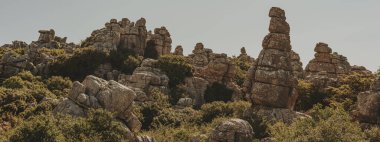Mavi gökyüzünün altındaki yeşil bitki örtüsü arasındaki kireçtaşı kaya oluşumları. El Torcal de Antequera Ulusal Parkı. Endülüs. İspanya.