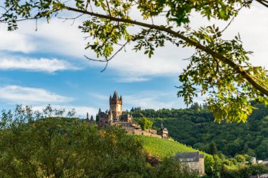 Cochem Şatosu 'nun çarpıcı güzelliğini deneyimleyin, Almanya' da canlı bir yaz gününde yemyeşil tarafından çerçevelenmiştir..
