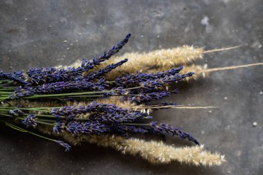 Güzel düzenlenmiş lavanta ve çimen filizleri, Provence 'ın cazibesini sergiliyor, ev dekorasyonu ve çiçek tasarımı projeleri için mükemmel..